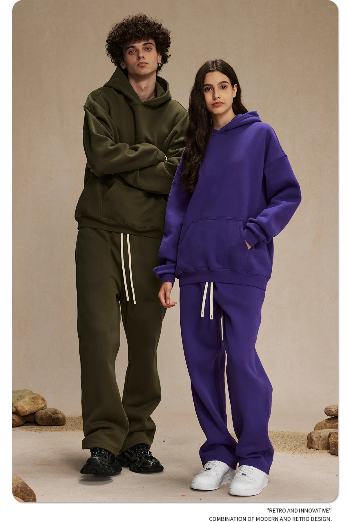 Custom LOGO men's 350G heavy autumn winter new cotton and polyester loose fleece sweater hooded sweatpants couple two-piece set