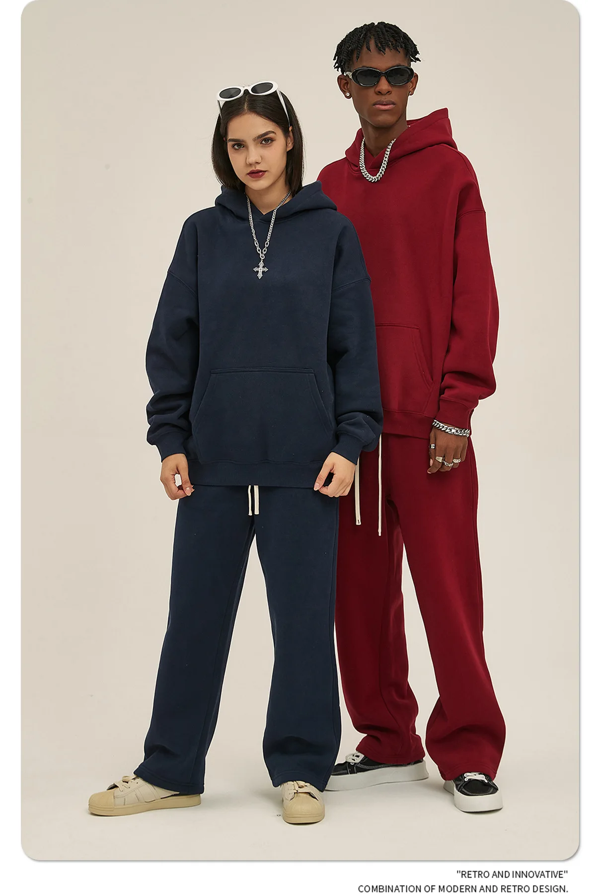 Custom LOGO men's 350G heavy autumn winter new cotton and polyester loose fleece sweater hooded sweatpants couple two-piece set