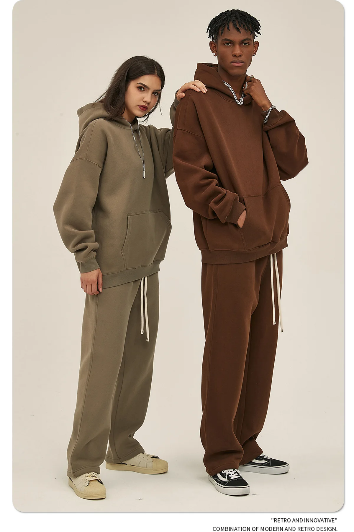 Custom LOGO men's 350G heavy autumn winter new cotton and polyester loose fleece sweater hooded sweatpants couple two-piece set