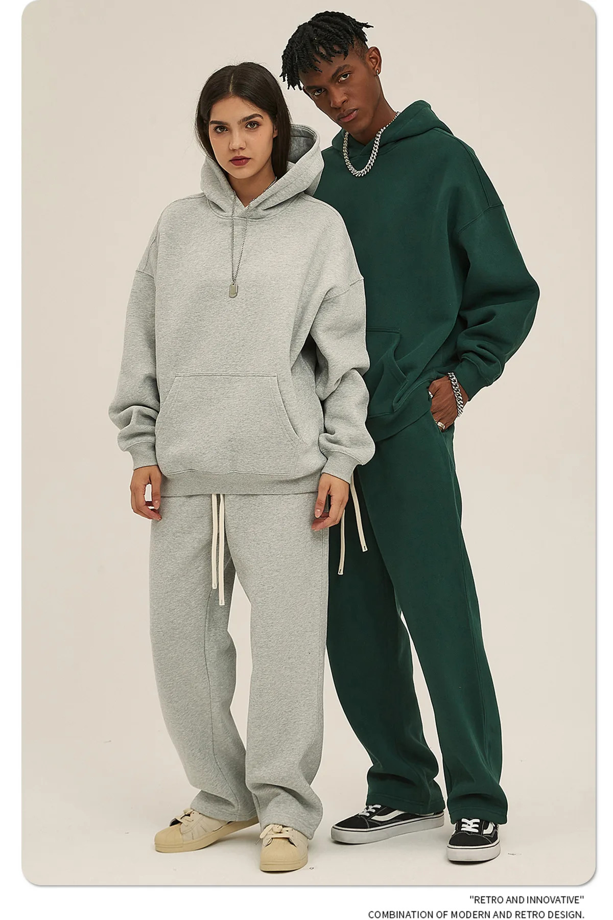Custom LOGO men's 350G heavy autumn winter new cotton and polyester loose fleece sweater hooded sweatpants couple two-piece set