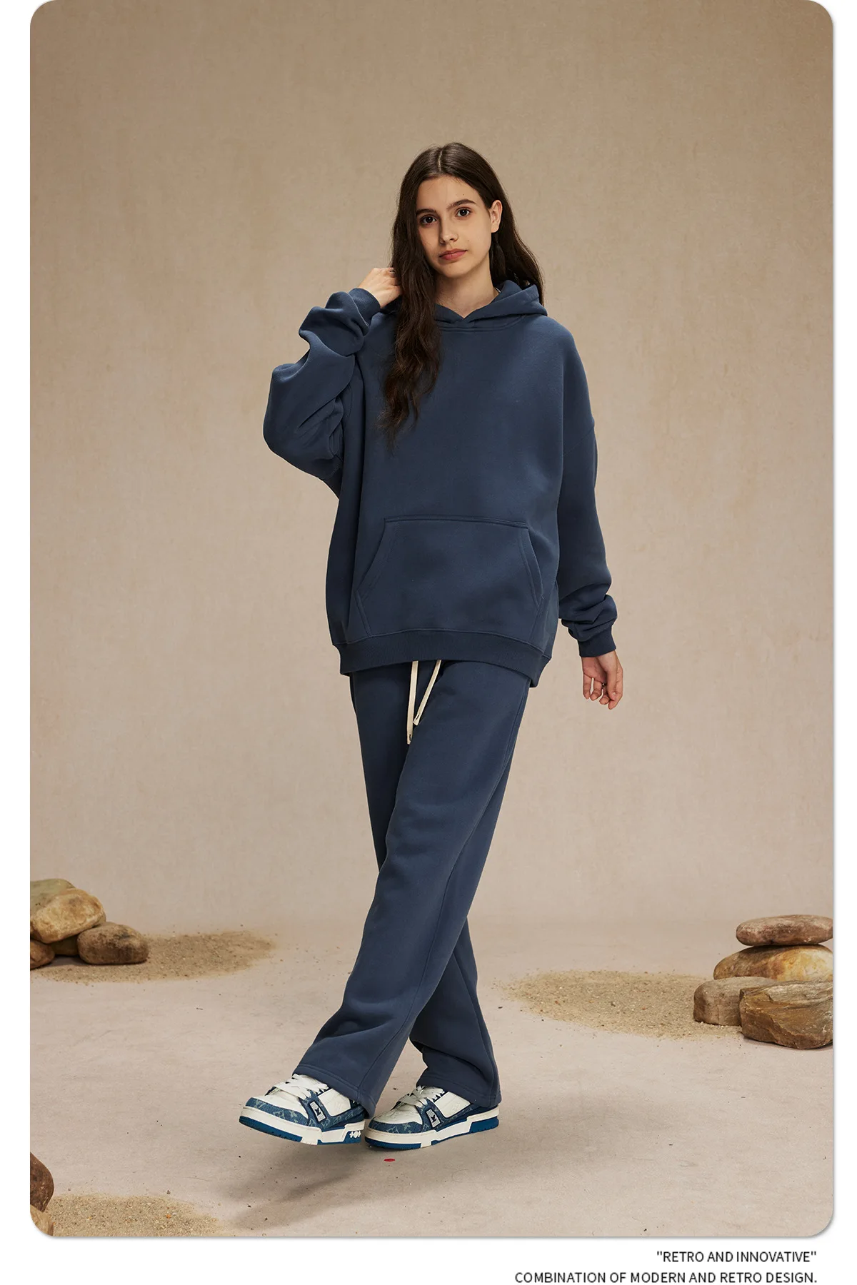 Custom LOGO men's 350G heavy autumn winter new cotton and polyester loose fleece sweater hooded sweatpants couple two-piece set