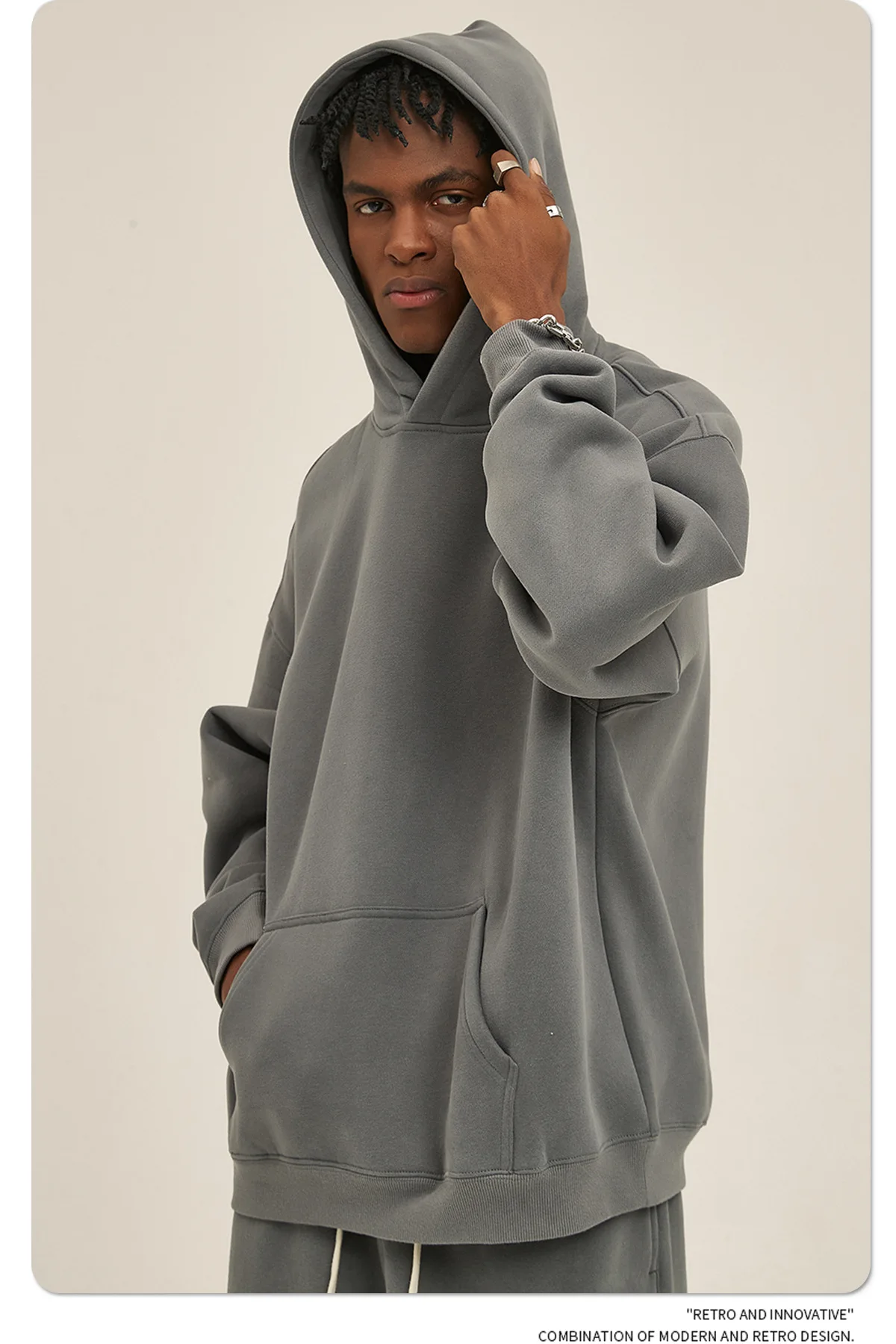Custom LOGO men's 350G heavy autumn winter new cotton and polyester loose fleece sweater hooded sweatpants couple two-piece set