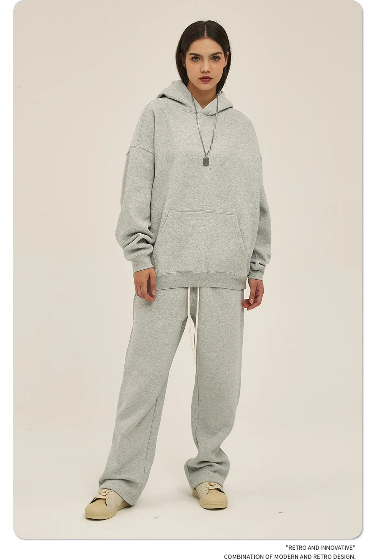Custom LOGO men's 350G heavy autumn winter new cotton and polyester loose fleece sweater hooded sweatpants couple two-piece set