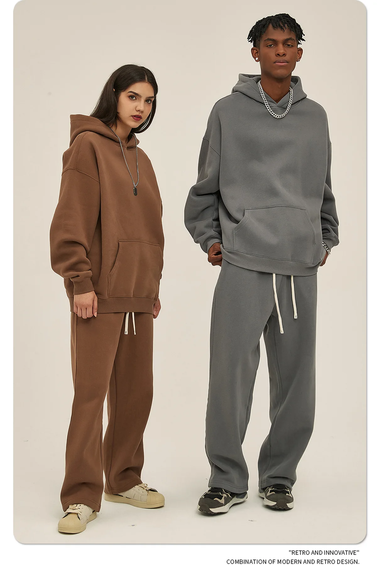 Custom LOGO men's 350G heavy autumn winter new cotton and polyester loose fleece sweater hooded sweatpants couple two-piece set
