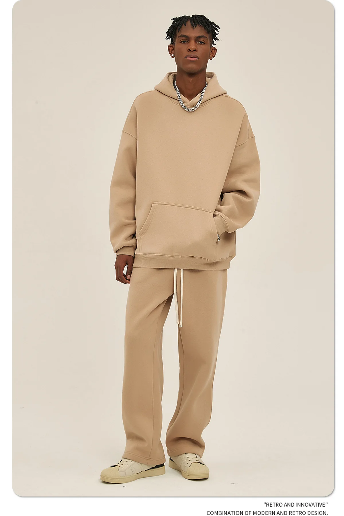 Custom LOGO men's 350G heavy autumn winter new cotton and polyester loose fleece sweater hooded sweatpants couple two-piece set