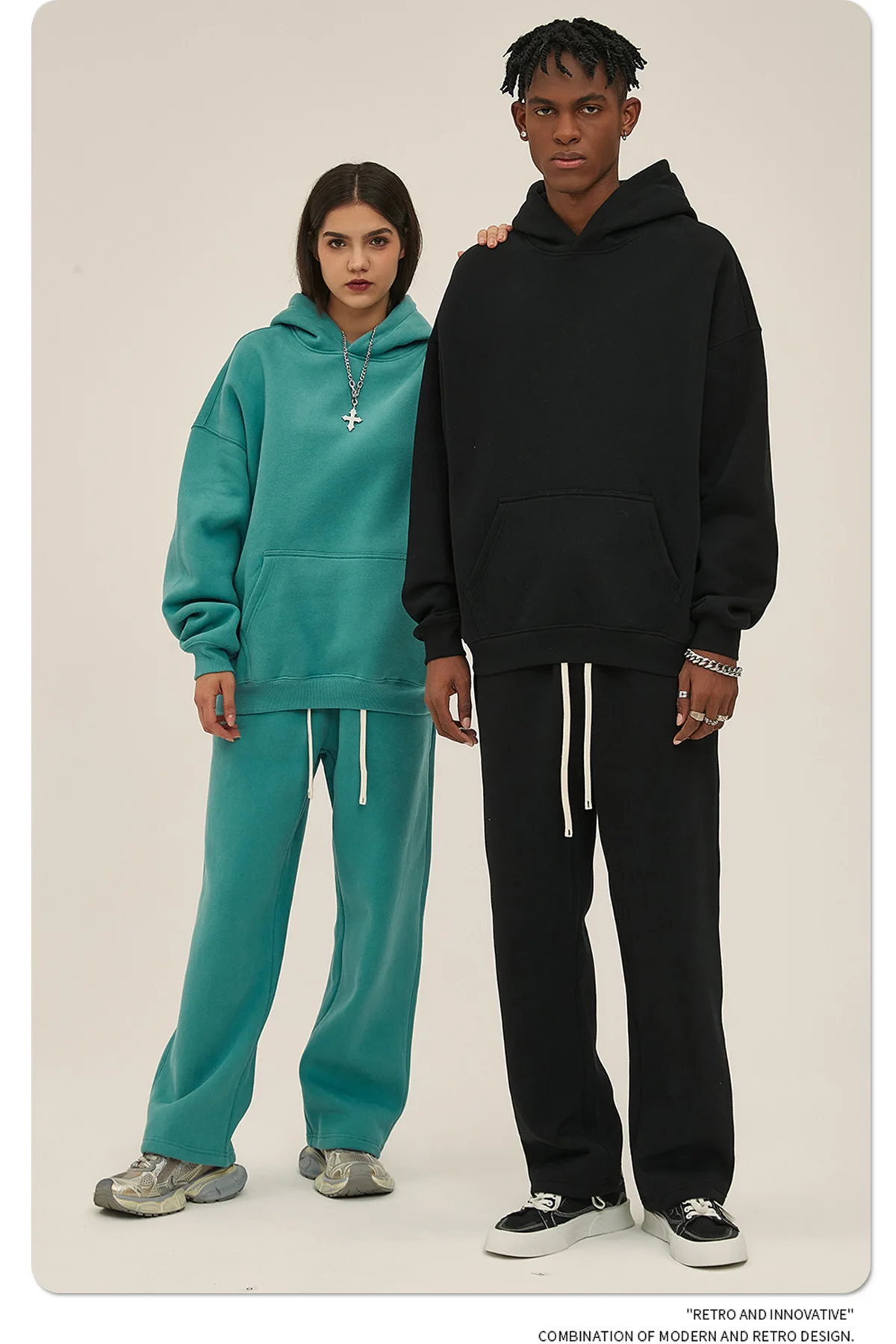 Custom LOGO men's 350G heavy autumn winter new cotton and polyester loose fleece sweater hooded sweatpants couple two-piece set