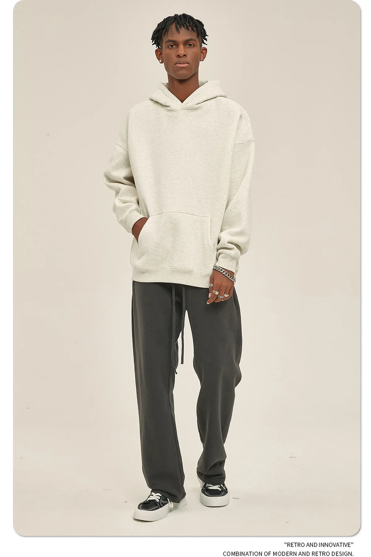 Custom LOGO men's 350G heavy autumn winter new cotton and polyester loose fleece sweater hooded sweatpants couple two-piece set