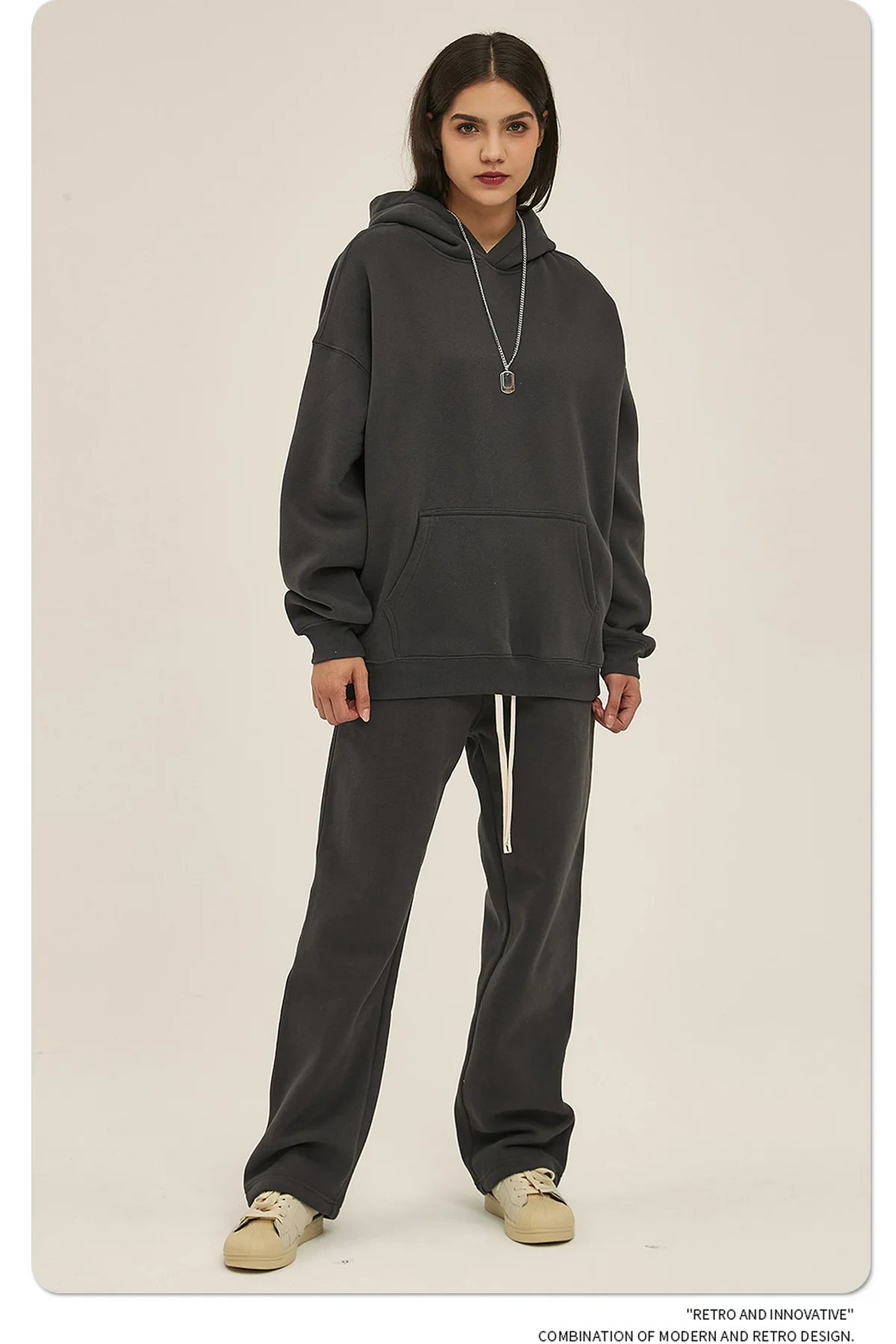 Custom LOGO men's 350G heavy autumn winter new cotton and polyester loose fleece sweater hooded sweatpants couple two-piece set