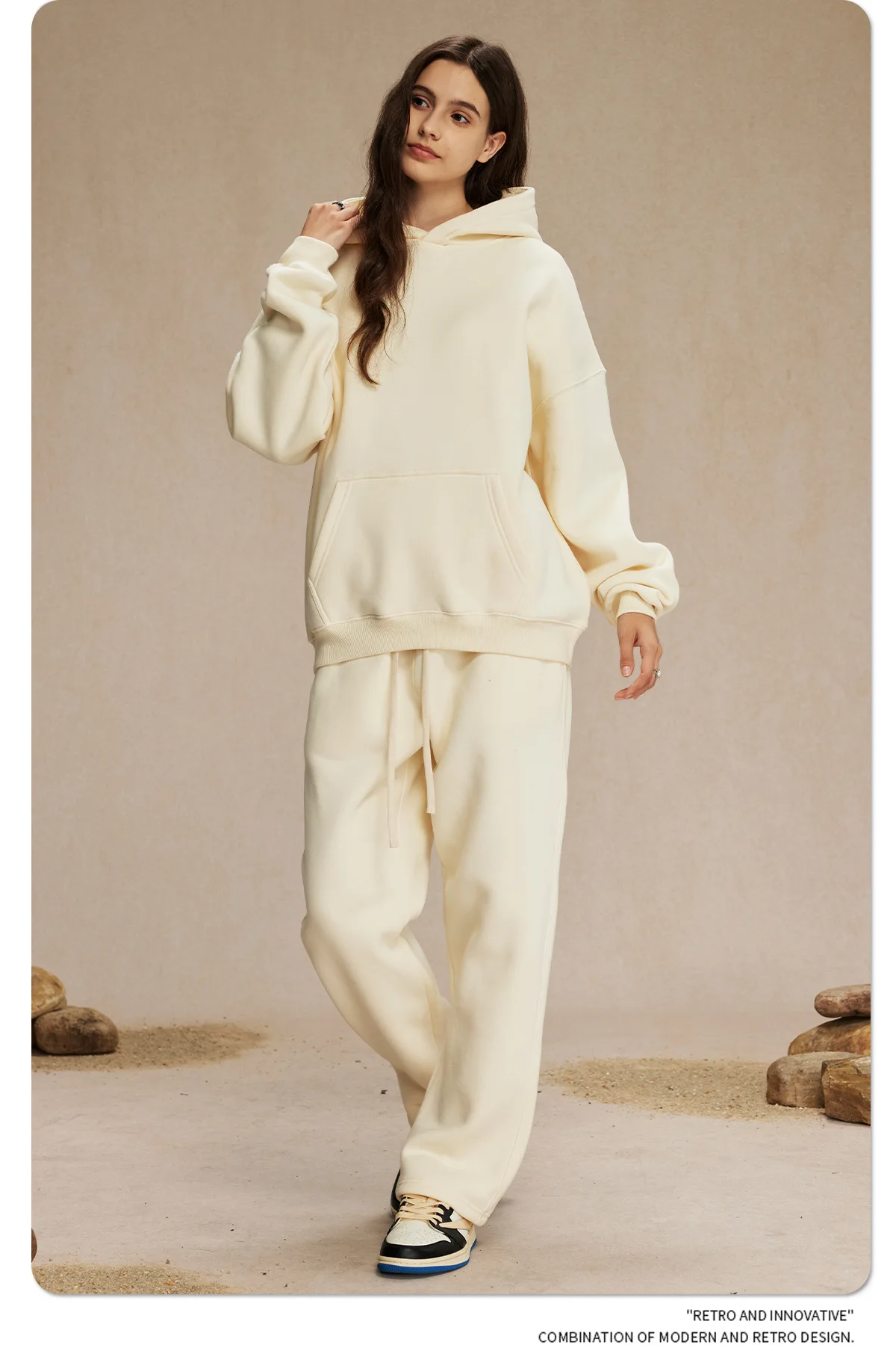 Custom LOGO men's 350G heavy autumn winter new cotton and polyester loose fleece sweater hooded sweatpants couple two-piece set