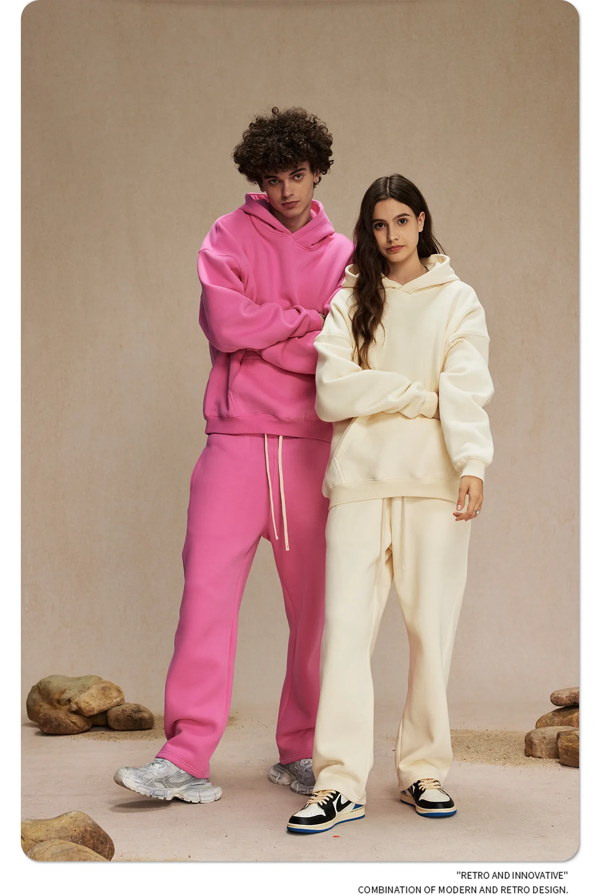 Custom LOGO men's 350G heavy autumn winter new cotton and polyester loose fleece sweater hooded sweatpants couple two-piece set
