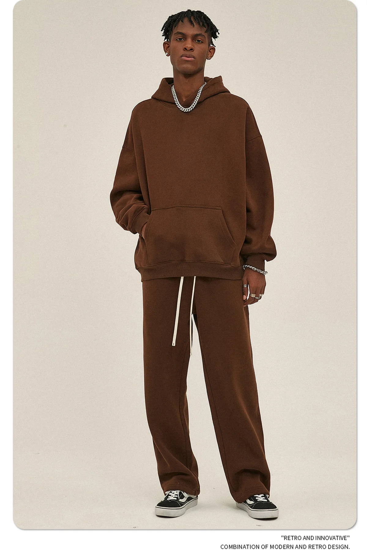 Custom LOGO men's 350G heavy autumn winter new cotton and polyester loose fleece sweater hooded sweatpants couple two-piece set