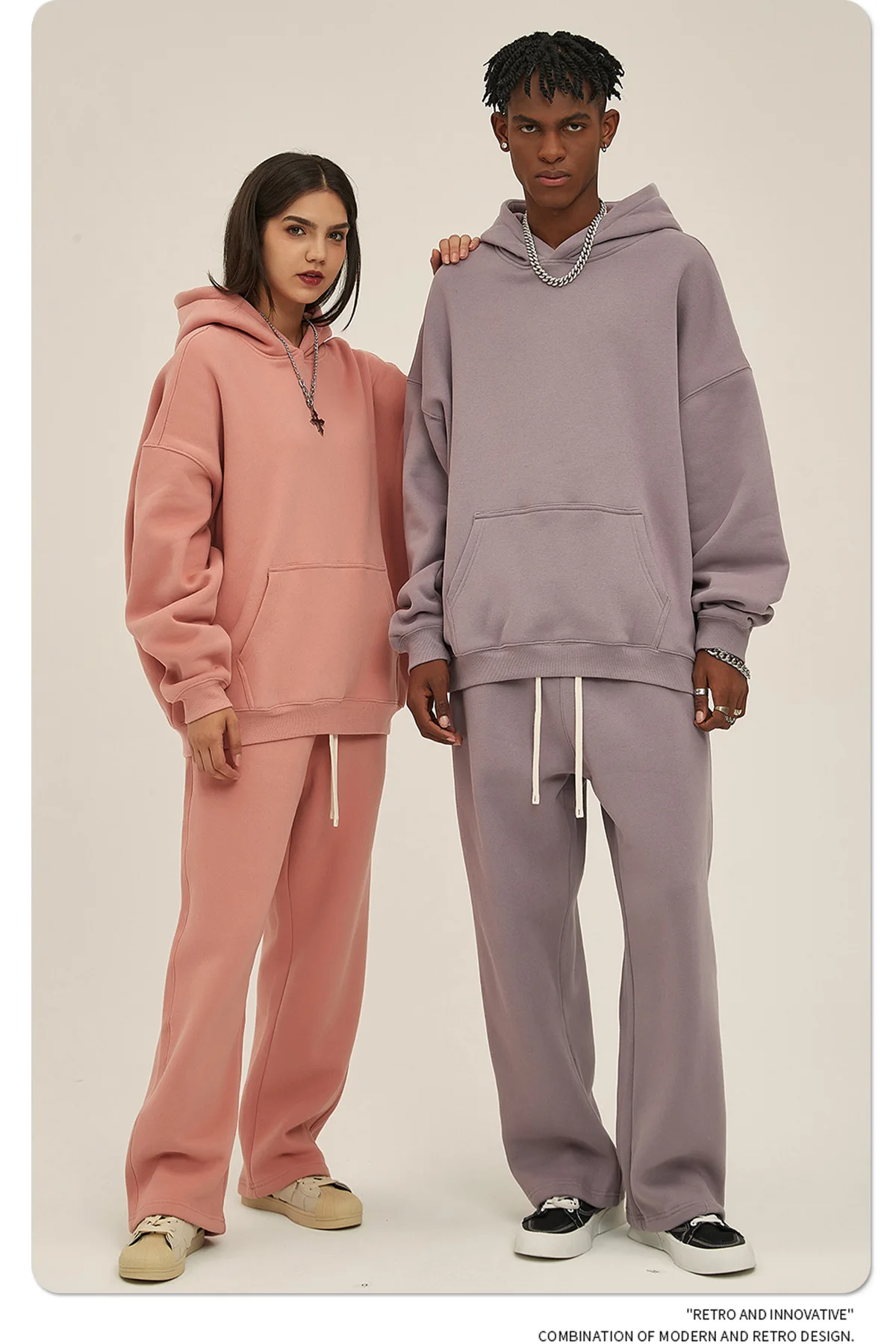 Custom LOGO men's 350G heavy autumn winter new cotton and polyester loose fleece sweater hooded sweatpants couple two-piece set