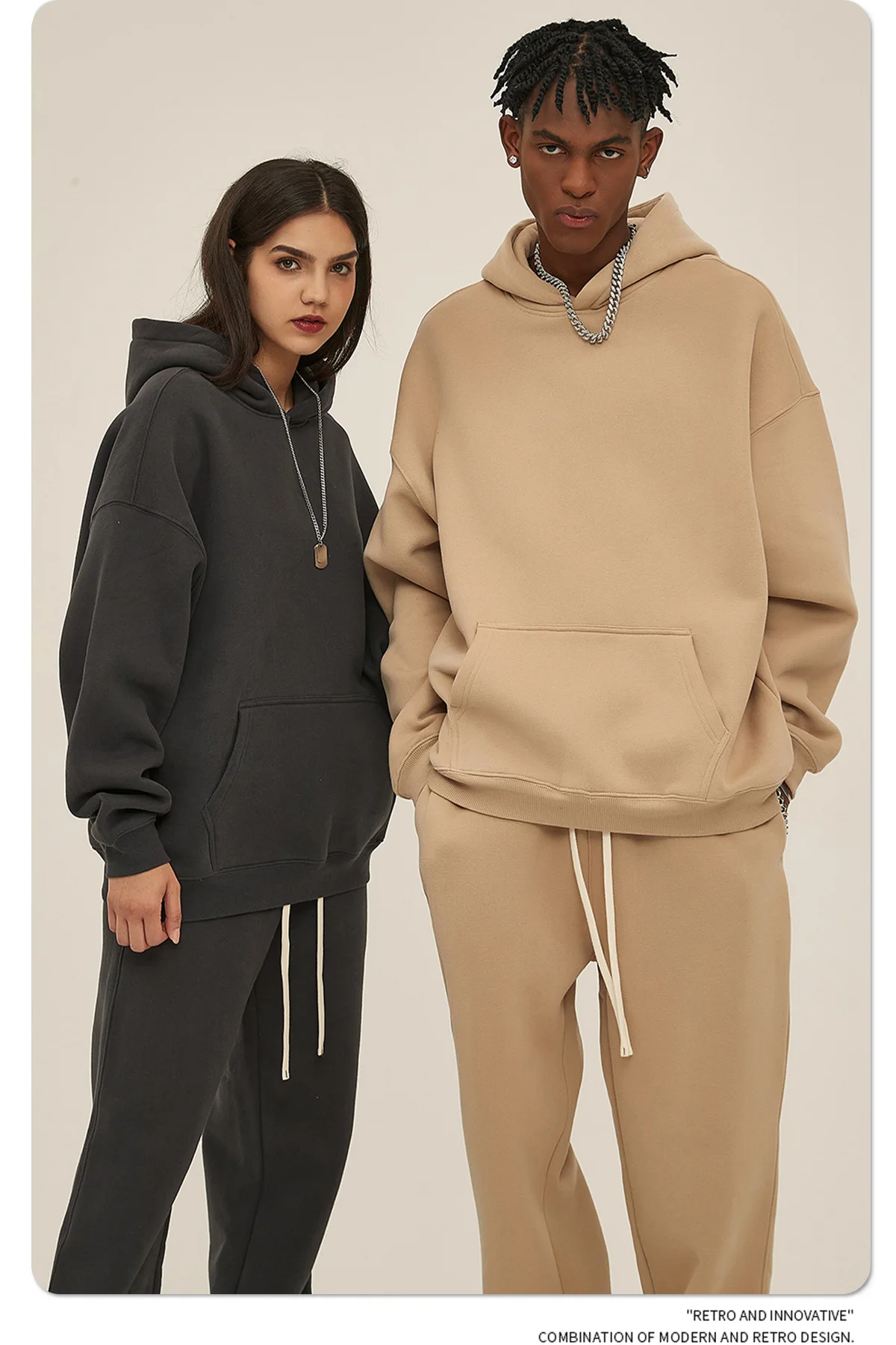 Custom LOGO men's 350G heavy autumn winter new cotton and polyester loose fleece sweater hooded sweatpants couple two-piece set