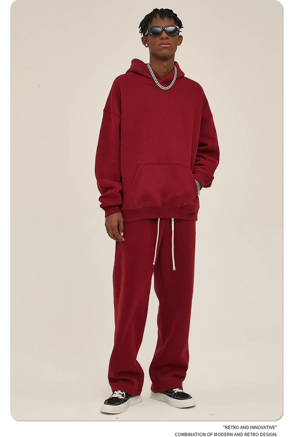 Custom LOGO men's 350G heavy autumn winter new cotton and polyester loose fleece sweater hooded sweatpants couple two-piece set