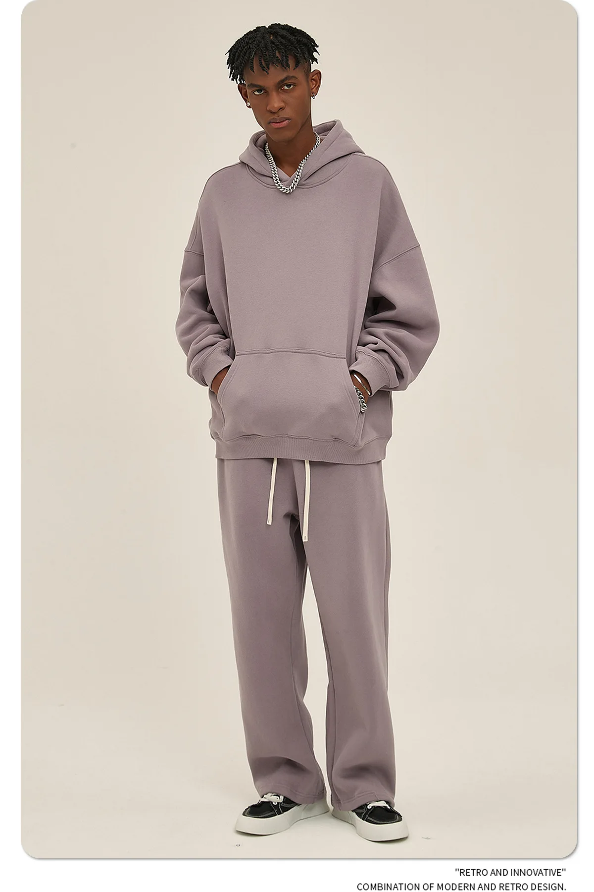Custom LOGO men's 350G heavy autumn winter new cotton and polyester loose fleece sweater hooded sweatpants couple two-piece set