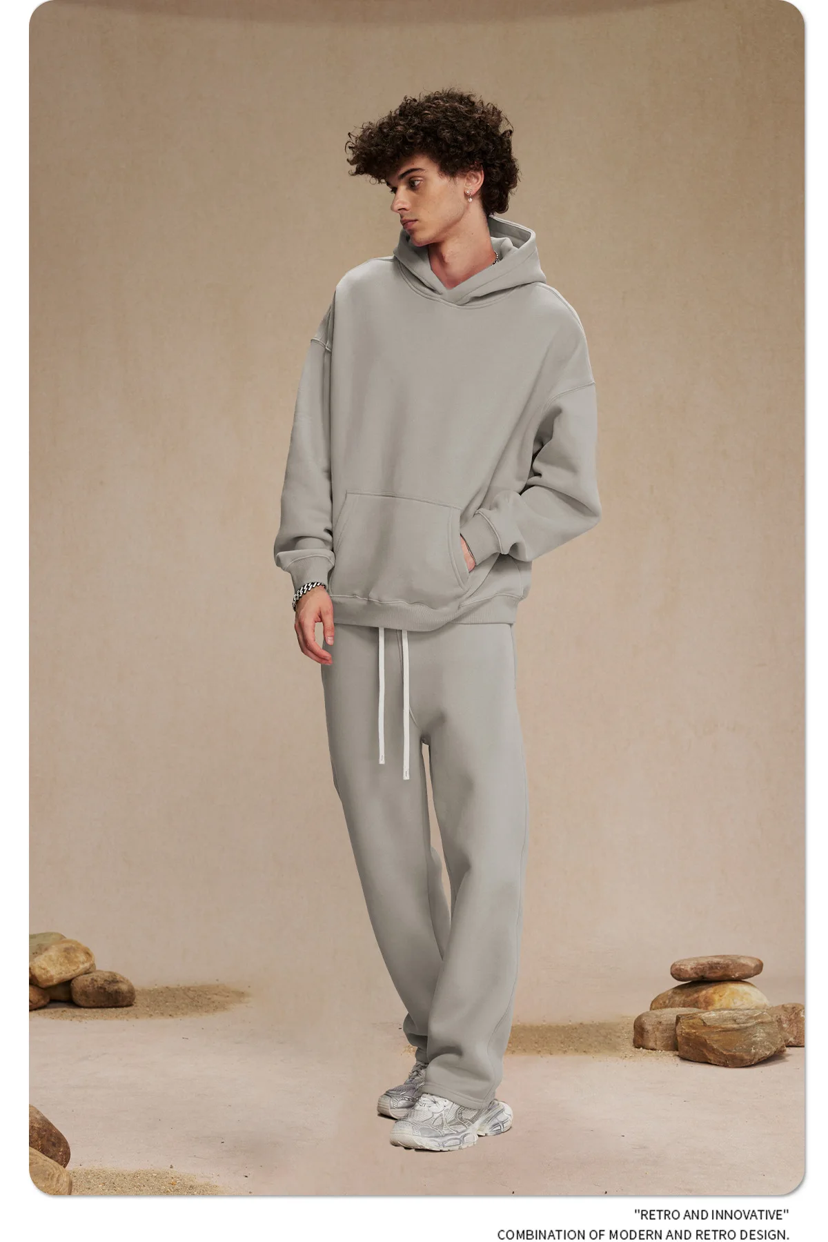 Custom LOGO men's 350G heavy autumn winter new cotton and polyester loose fleece sweater hooded sweatpants couple two-piece set