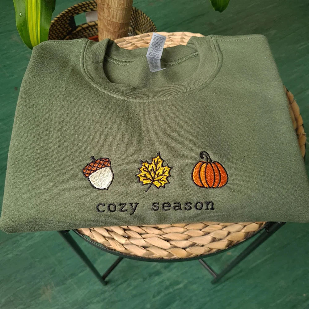 Cozy Season Fall Embroidered Sweatshirt Unisex Men Women Loose Thick Fleece Pullover Vintage Style Crewneck Casual Clothes