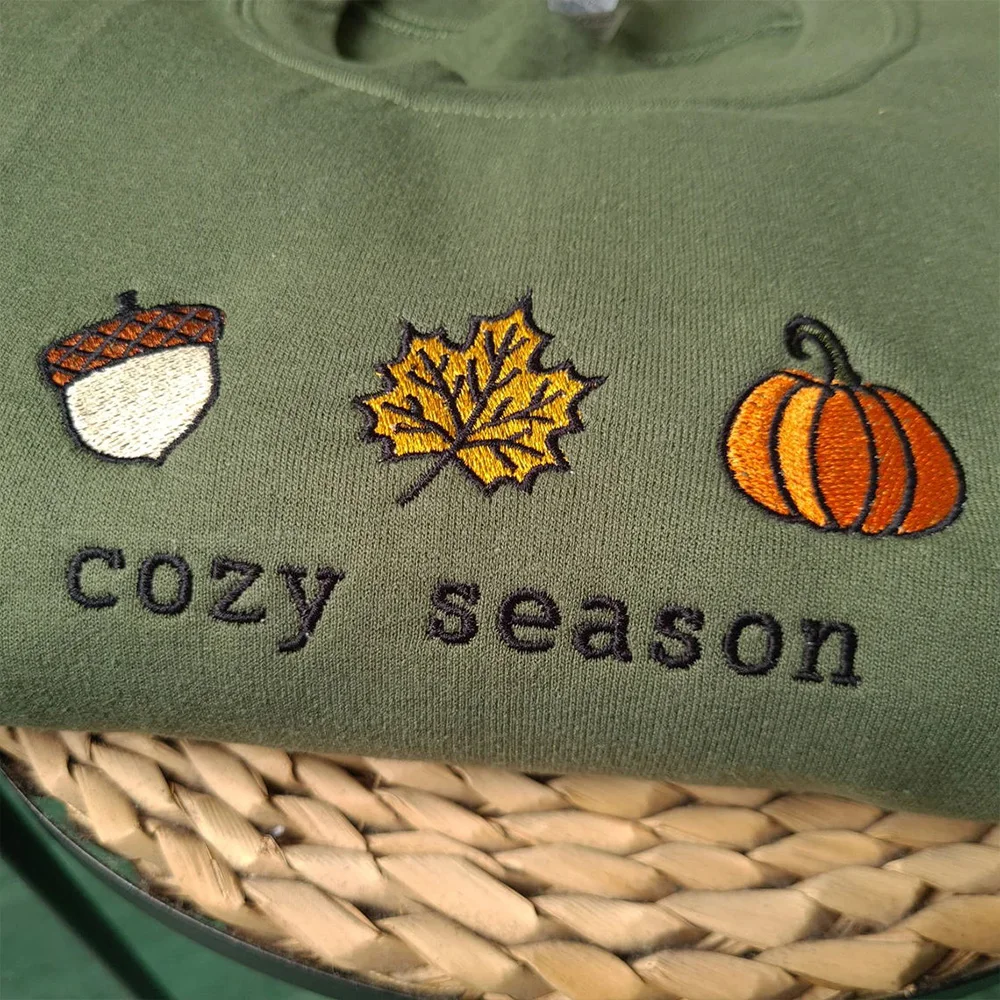 Cozy Season Fall Embroidered Sweatshirt Unisex Men Women Loose Thick Fleece Pullover Vintage Style Crewneck Casual Clothes