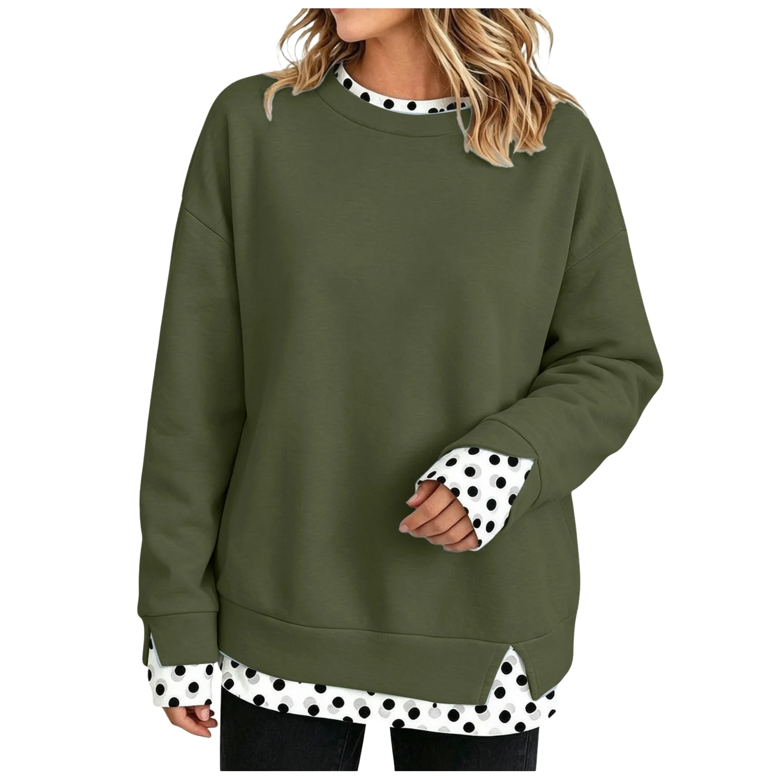 Oversize Sweatshirts Women Fake Two-Piece Polka Dot Patchwork Crew Neck Long Sleeve Tops Spring Autumn Fashion Casual Pullover