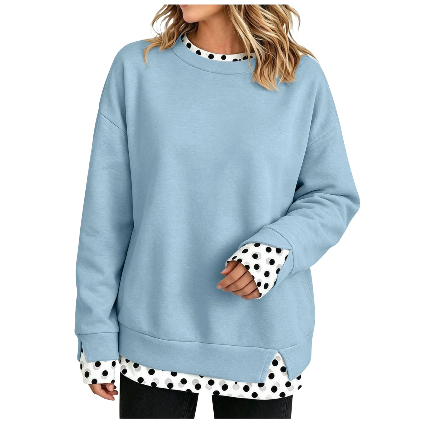Oversize Sweatshirts Women Fake Two-Piece Polka Dot Patchwork Crew Neck Long Sleeve Tops Spring Autumn Fashion Casual Pullover
