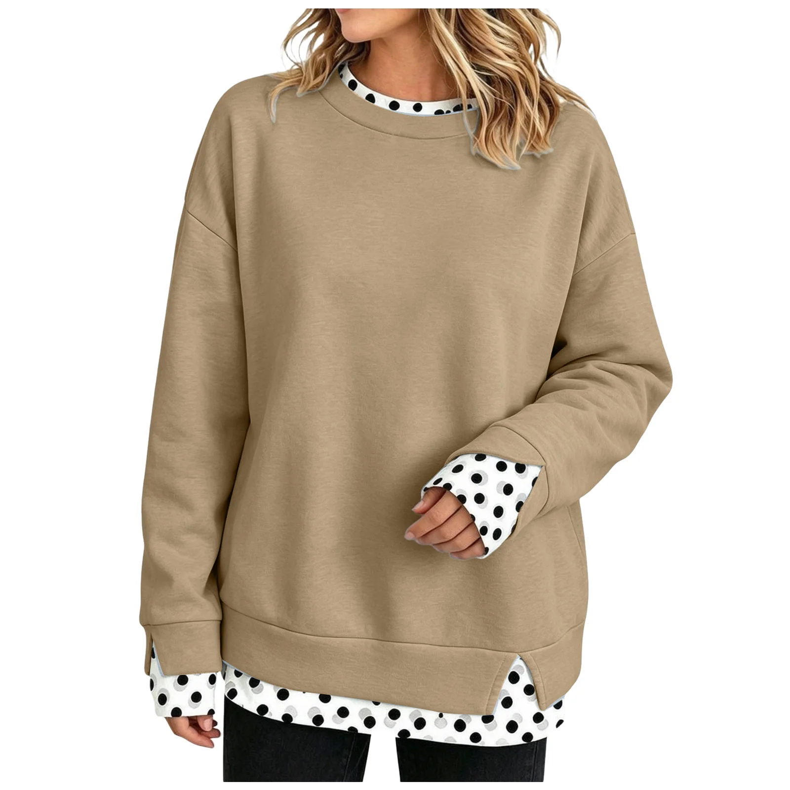 Oversize Sweatshirts Women Fake Two-Piece Polka Dot Patchwork Crew Neck Long Sleeve Tops Spring Autumn Fashion Casual Pullover