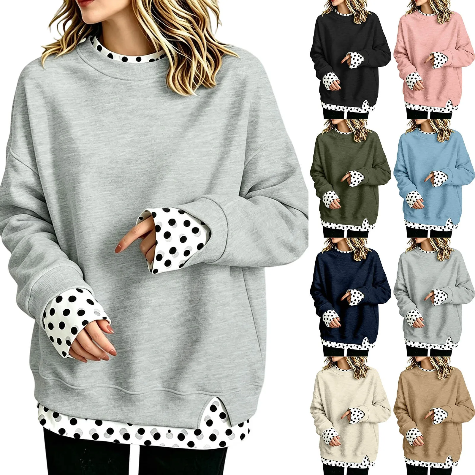Oversize Sweatshirts Women Fake Two-Piece Polka Dot Patchwork Crew Neck Long Sleeve Tops Spring Autumn Fashion Casual Pullover