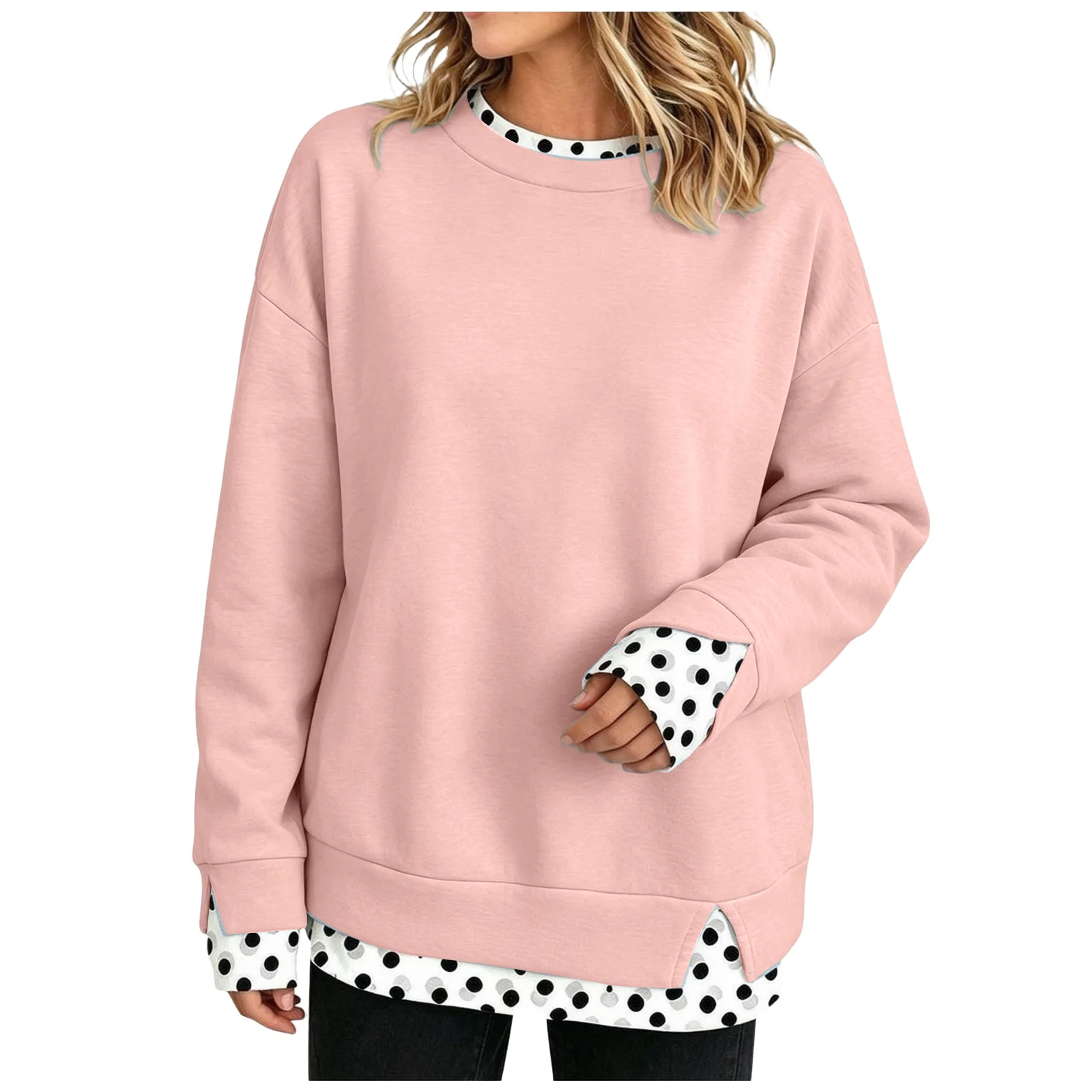 Oversize Sweatshirts Women Fake Two-Piece Polka Dot Patchwork Crew Neck Long Sleeve Tops Spring Autumn Fashion Casual Pullover