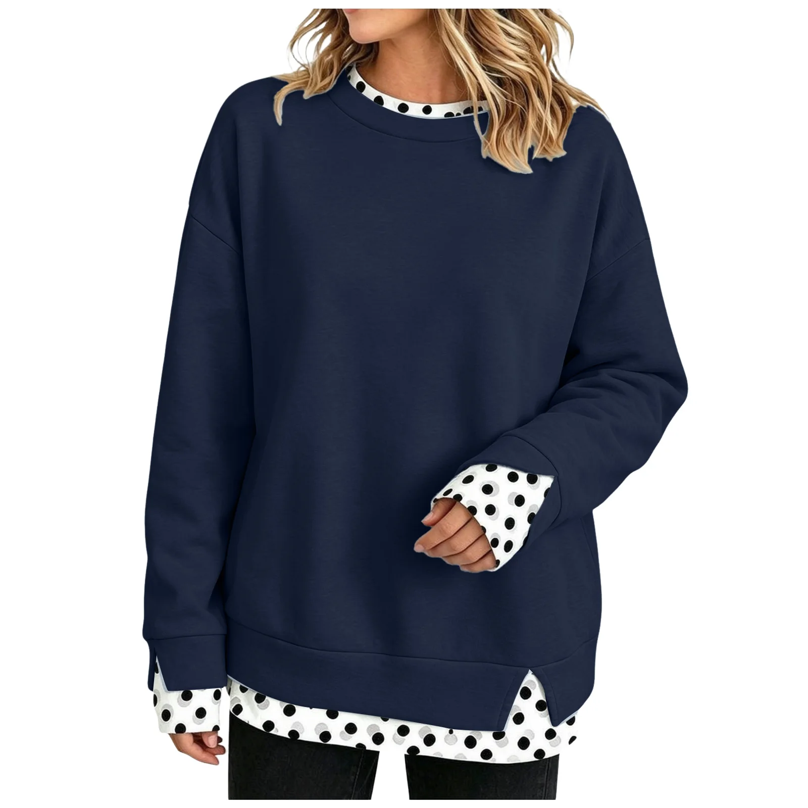 Oversize Sweatshirts Women Fake Two-Piece Polka Dot Patchwork Crew Neck Long Sleeve Tops Spring Autumn Fashion Casual Pullover