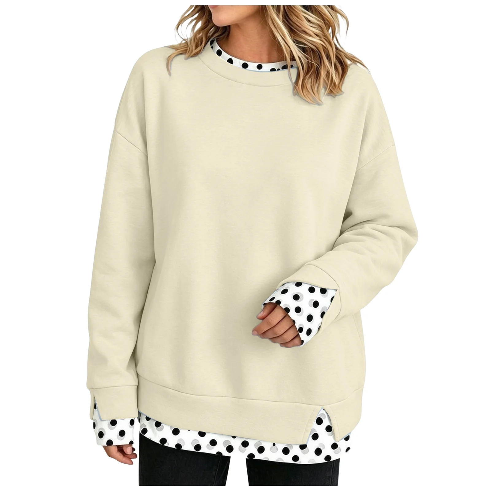 Oversize Sweatshirts Women Fake Two-Piece Polka Dot Patchwork Crew Neck Long Sleeve Tops Spring Autumn Fashion Casual Pullover