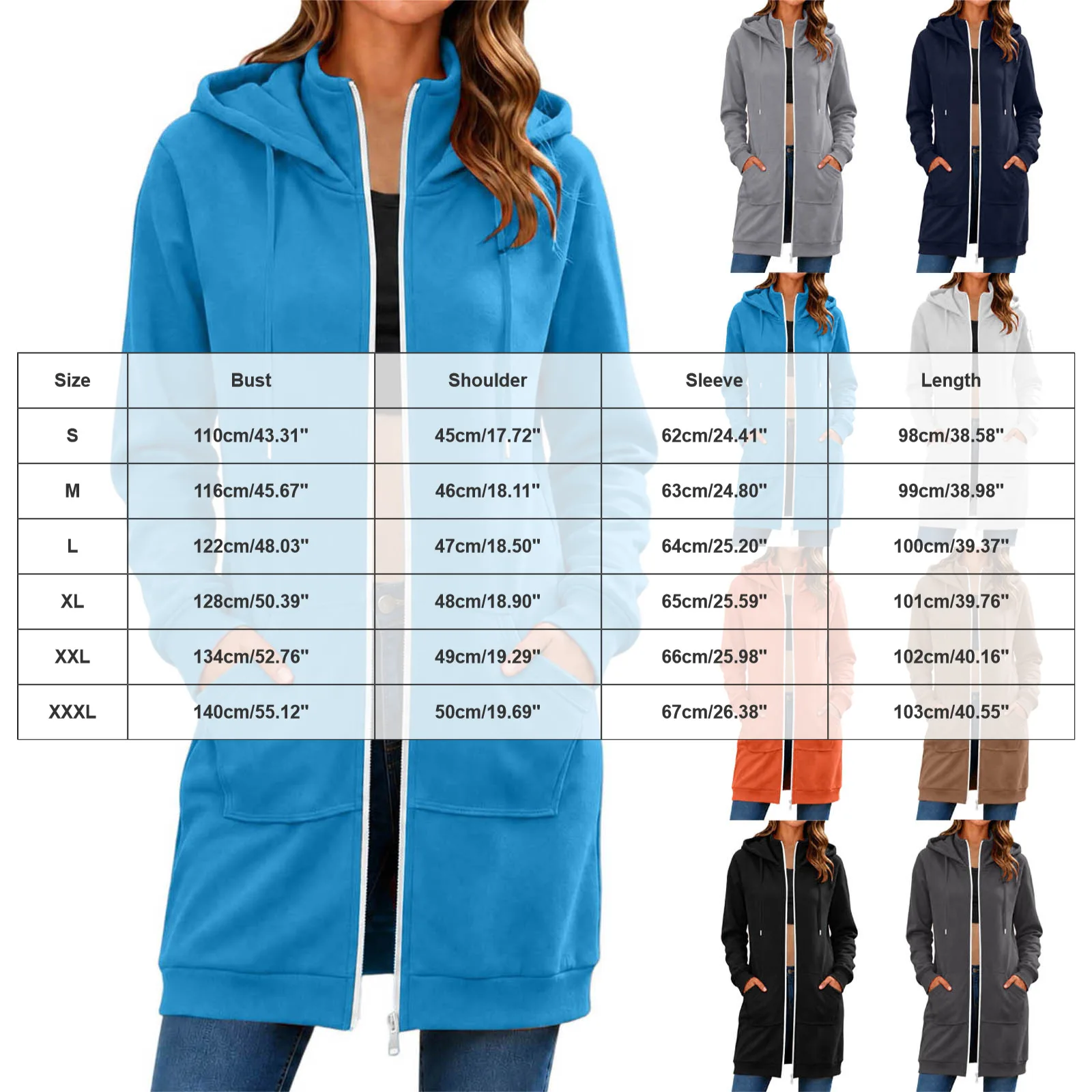 Spring Autumn Full Zip Hoodie Womens Hooded Mid Length Coats Female Casual Zipper Drawstring Sweatshirt Jacket Streetwear