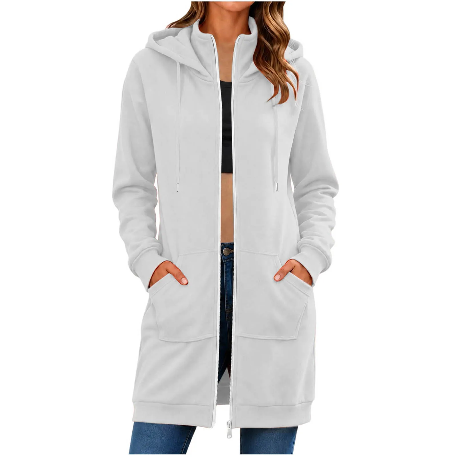 Spring Autumn Full Zip Hoodie Womens Hooded Mid Length Coats Female Casual Zipper Drawstring Sweatshirt Jacket Streetwear