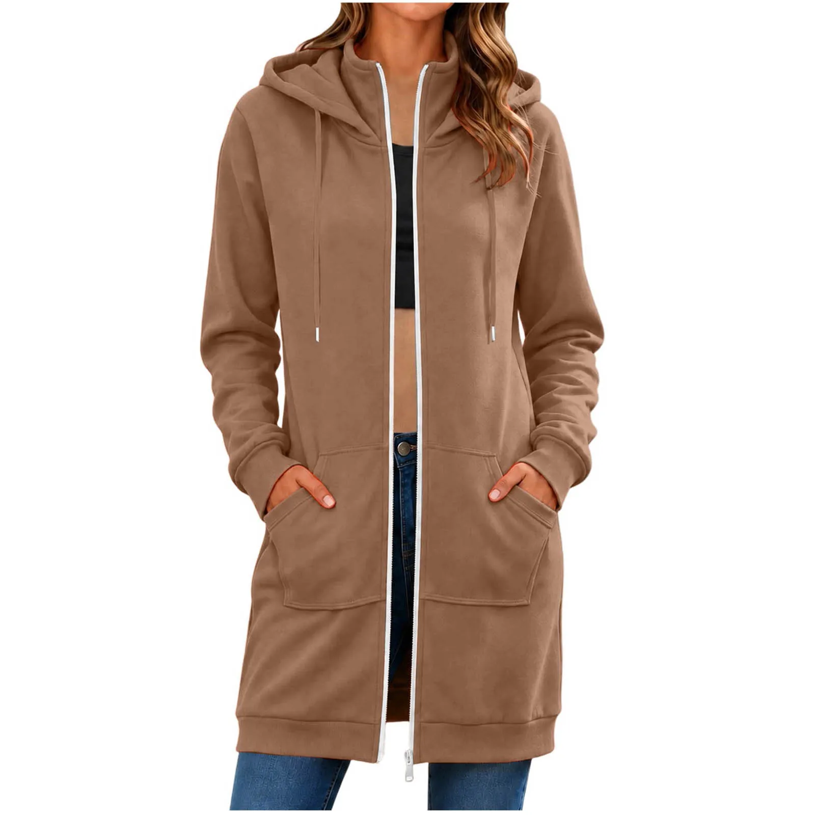 Spring Autumn Full Zip Hoodie Womens Hooded Mid Length Coats Female Casual Zipper Drawstring Sweatshirt Jacket Streetwear