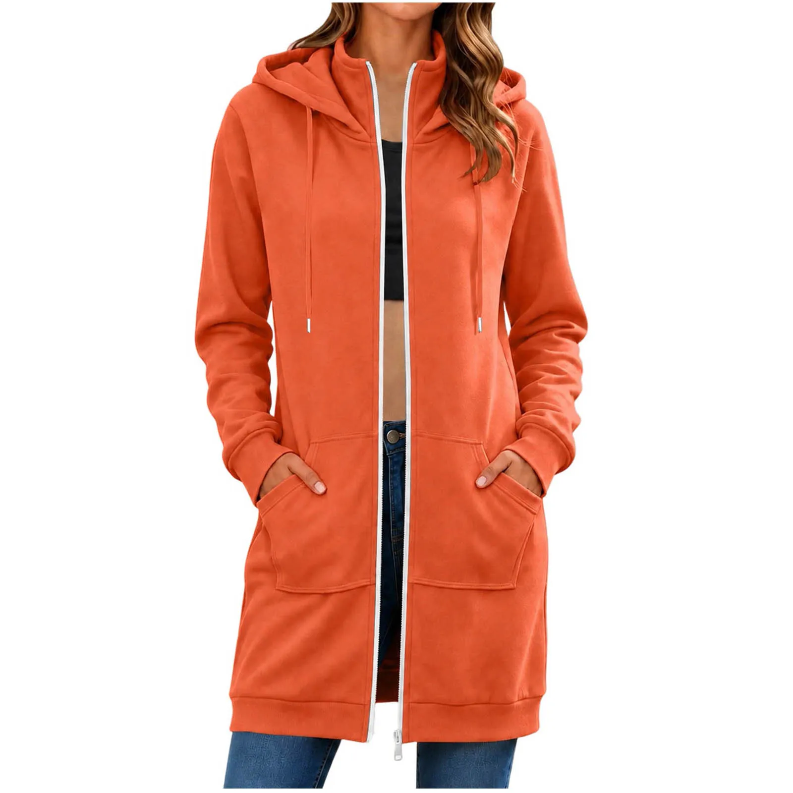 Spring Autumn Full Zip Hoodie Womens Hooded Mid Length Coats Female Casual Zipper Drawstring Sweatshirt Jacket Streetwear