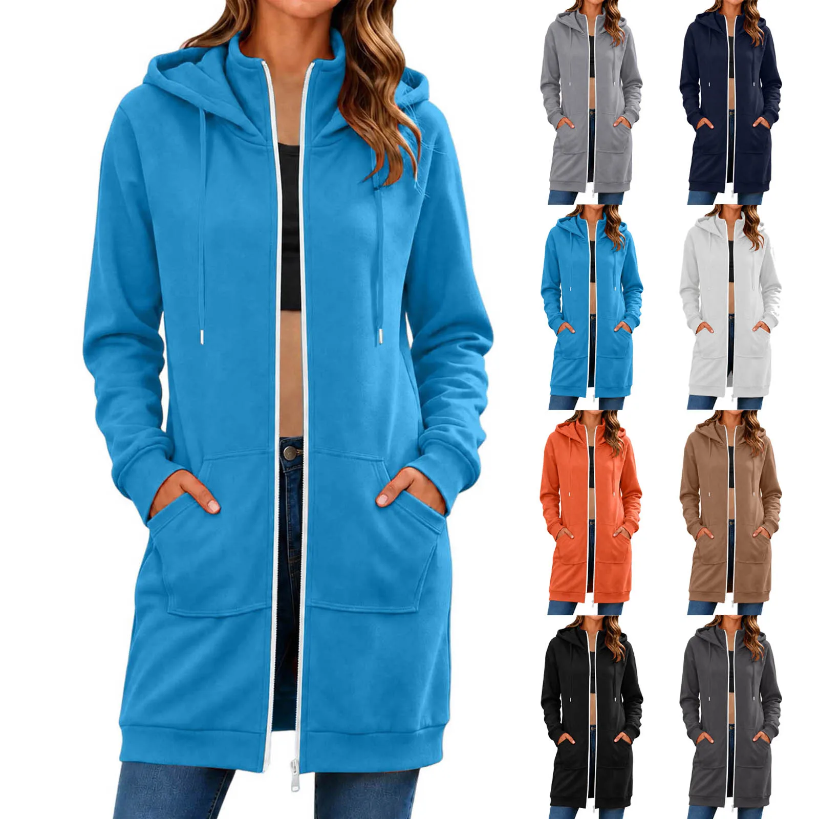 Spring Autumn Full Zip Hoodie Womens Hooded Mid Length Coats Female Casual Zipper Drawstring Sweatshirt Jacket Streetwear