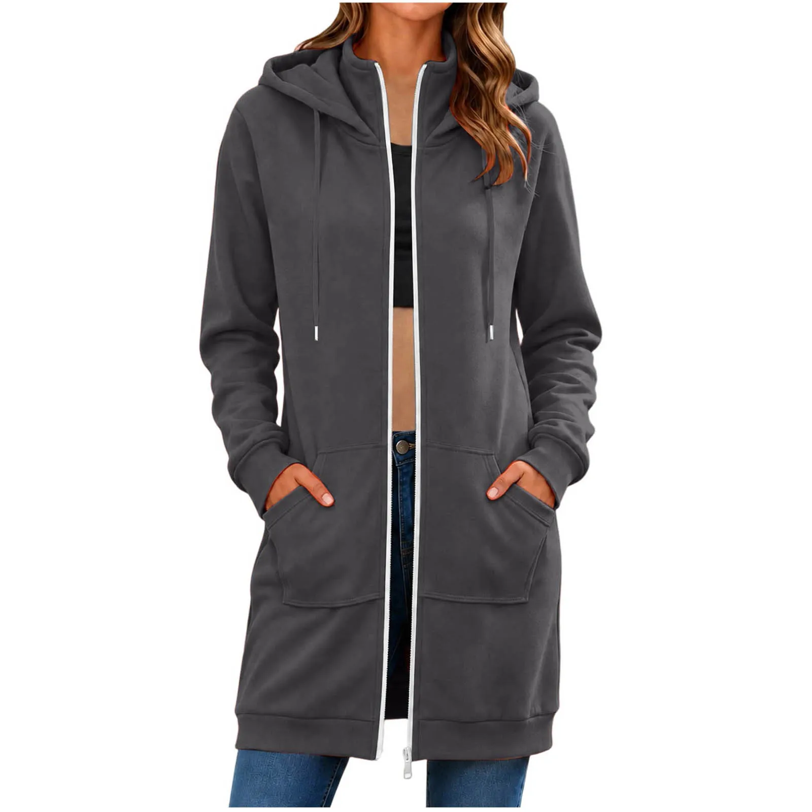 Spring Autumn Full Zip Hoodie Womens Hooded Mid Length Coats Female Casual Zipper Drawstring Sweatshirt Jacket Streetwear