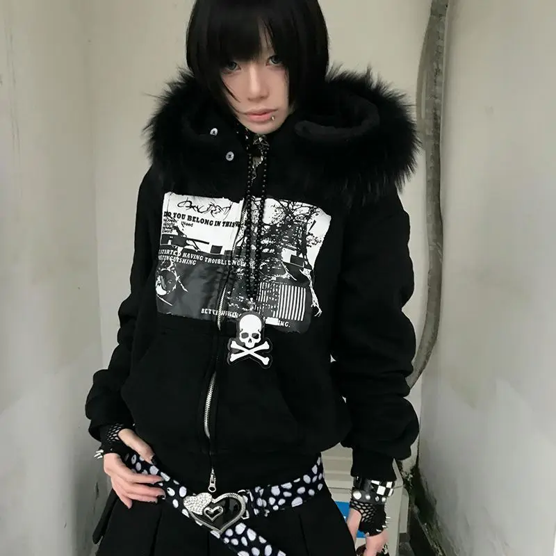 Women Y2k Aesthetic Printing Loose Pocket Hoody Streetwear Fur Patchwork Hooded Hoodies Punk Grunge Zipper Casual Sweatshirts
