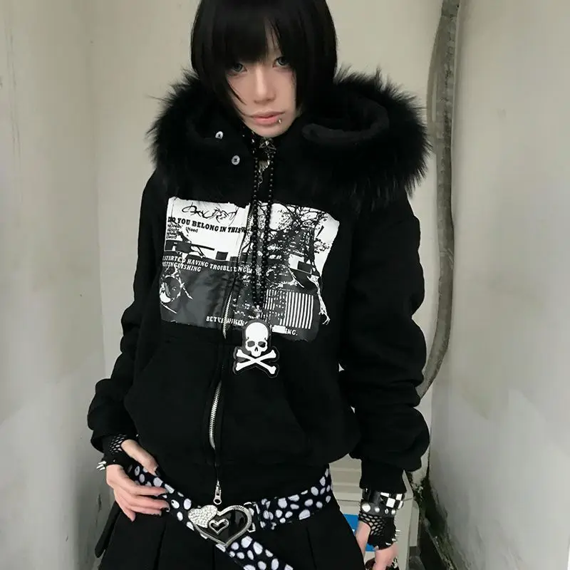 Women Y2k Aesthetic Printing Loose Pocket Hoody Streetwear Fur Patchwork Hooded Hoodies Punk Grunge Zipper Casual Sweatshirts