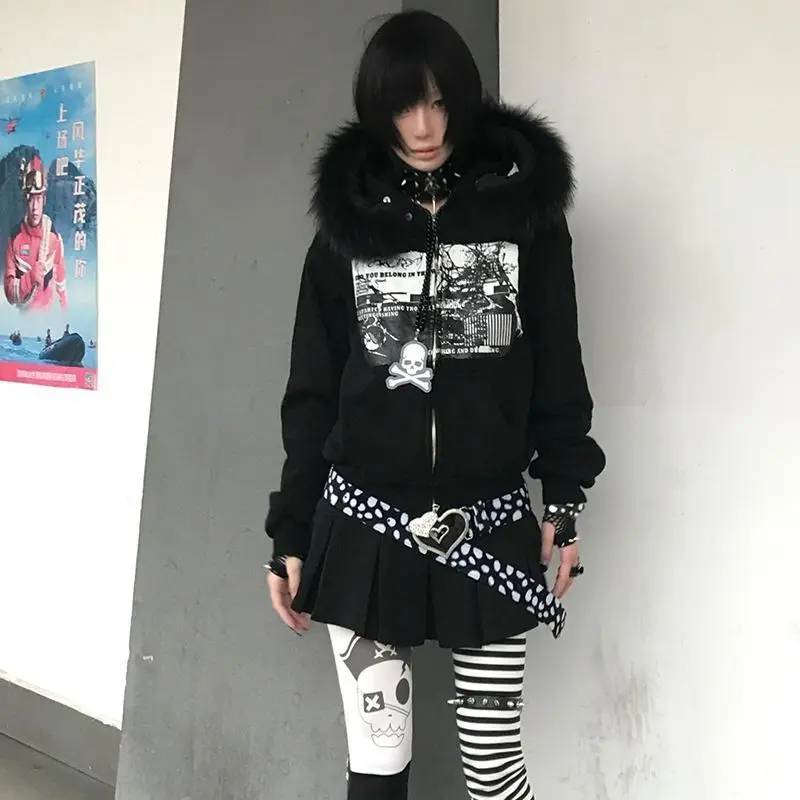 Women Y2k Aesthetic Printing Loose Pocket Hoody Streetwear Fur Patchwork Hooded Hoodies Punk Grunge Zipper Casual Sweatshirts