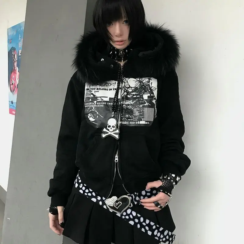 Women Y2k Aesthetic Printing Loose Pocket Hoody Streetwear Fur Patchwork Hooded Hoodies Punk Grunge Zipper Casual Sweatshirts