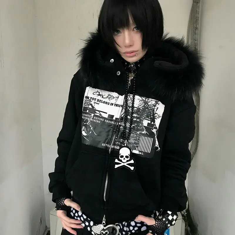 Women Y2k Aesthetic Printing Loose Pocket Hoody Streetwear Fur Patchwork Hooded Hoodies Punk Grunge Zipper Casual Sweatshirts