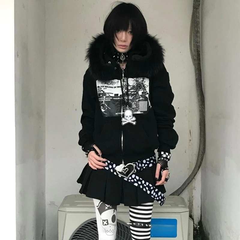 Women Y2k Aesthetic Printing Loose Pocket Hoody Streetwear Fur Patchwork Hooded Hoodies Punk Grunge Zipper Casual Sweatshirts