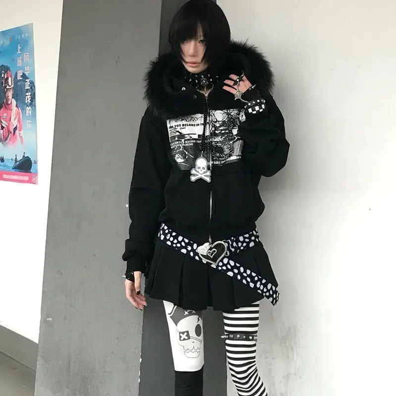 Women Y2k Aesthetic Printing Loose Pocket Hoody Streetwear Fur Patchwork Hooded Hoodies Punk Grunge Zipper Casual Sweatshirts