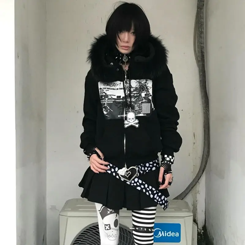 Women Y2k Aesthetic Printing Loose Pocket Hoody Streetwear Fur Patchwork Hooded Hoodies Punk Grunge Zipper Casual Sweatshirts