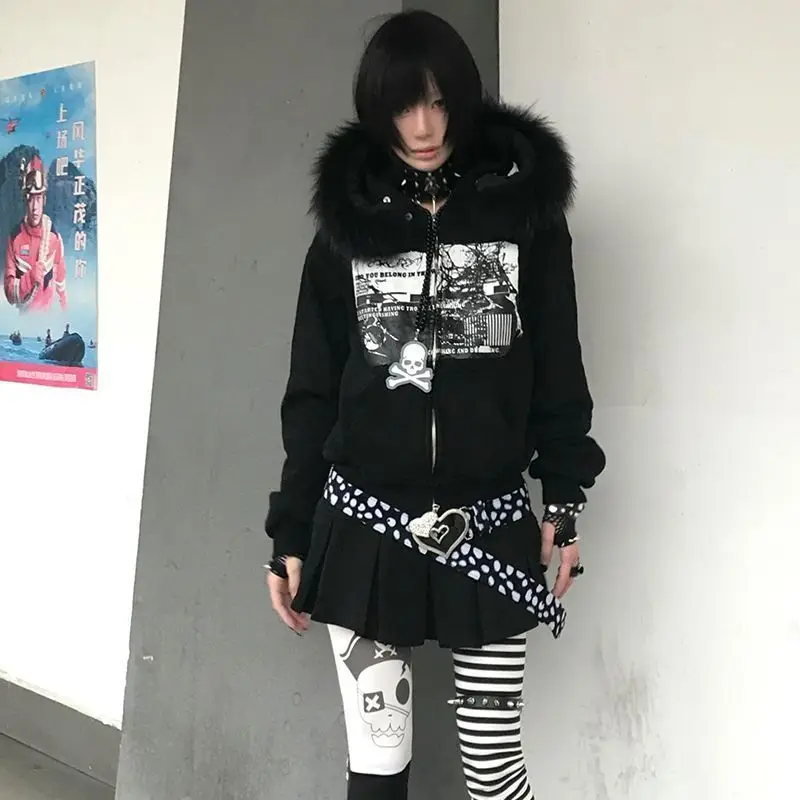 Women Y2k Aesthetic Printing Loose Pocket Hoody Streetwear Fur Patchwork Hooded Hoodies Punk Grunge Zipper Casual Sweatshirts