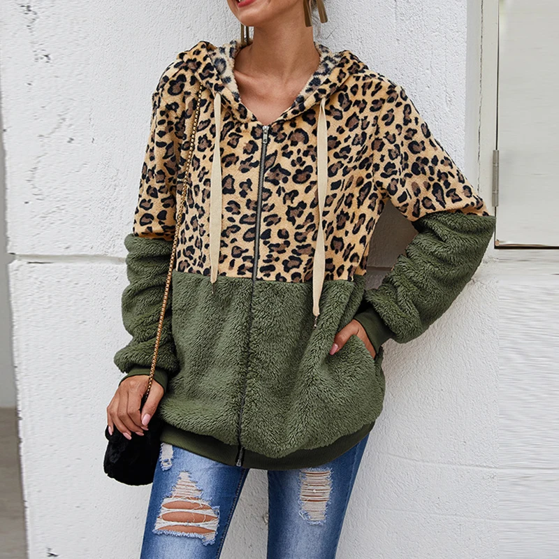 Customizable Autumn Winter Sweatshirts Women Hooded Leopard Hoodies Casual Zipper Long Sleeve Hoodie Fashion Top Warm Coat