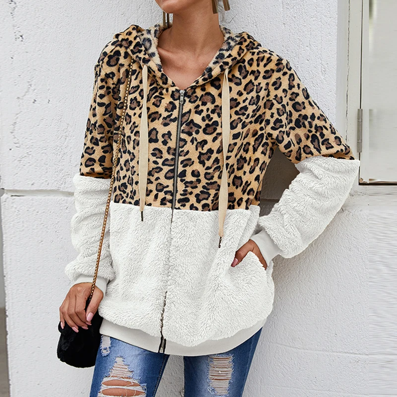 Customizable Autumn Winter Sweatshirts Women Hooded Leopard Hoodies Casual Zipper Long Sleeve Hoodie Fashion Top Warm Coat