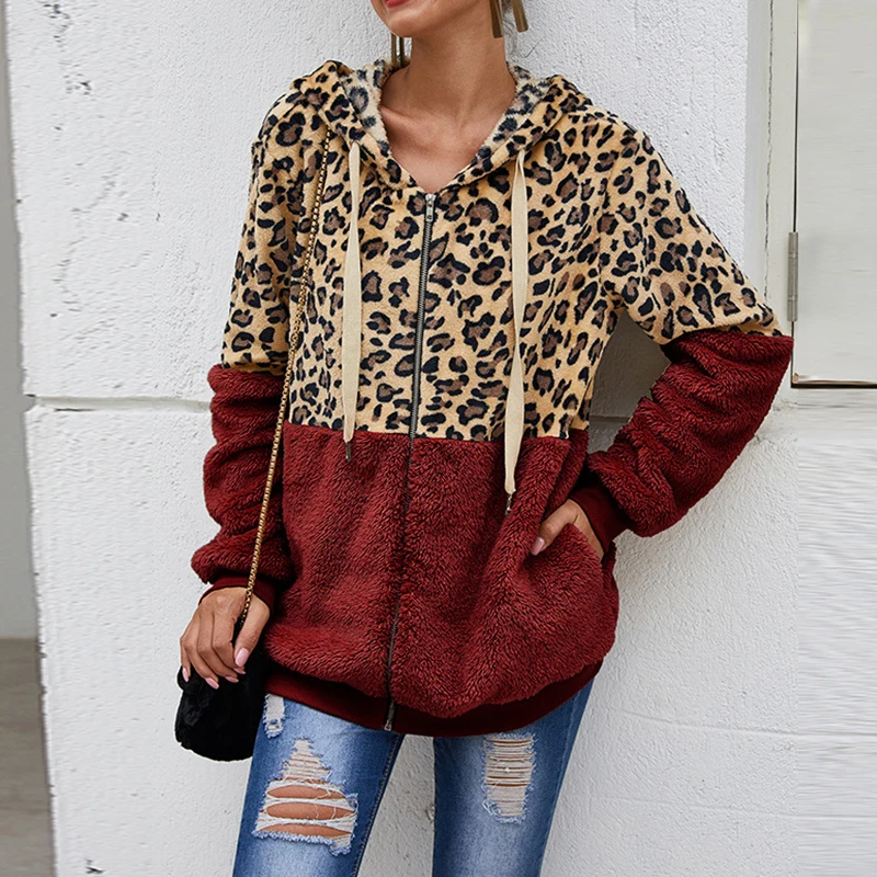 Customizable Autumn Winter Sweatshirts Women Hooded Leopard Hoodies Casual Zipper Long Sleeve Hoodie Fashion Top Warm Coat