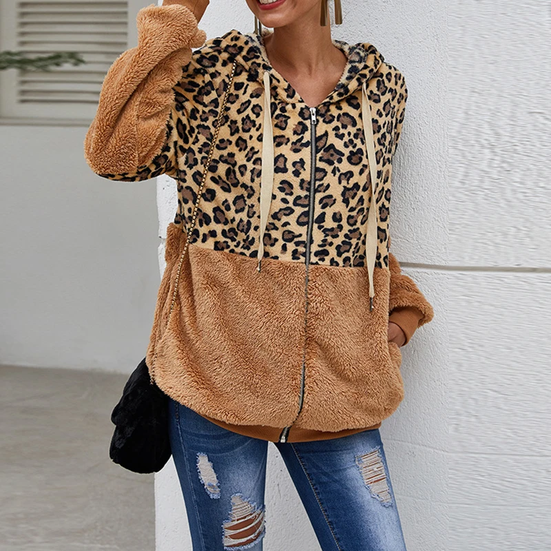 Customizable Autumn Winter Sweatshirts Women Hooded Leopard Hoodies Casual Zipper Long Sleeve Hoodie Fashion Top Warm Coat