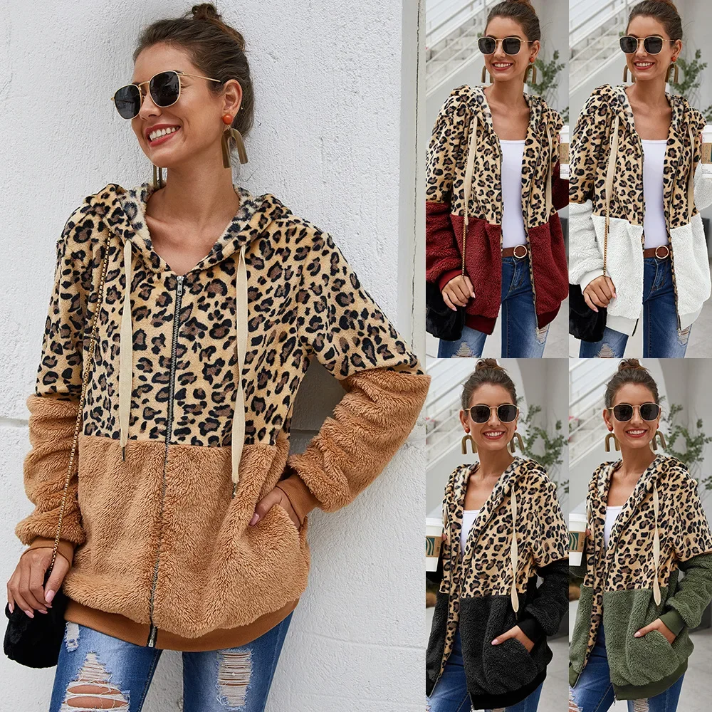 Customizable Autumn Winter Sweatshirts Women Hooded Leopard Hoodies Casual Zipper Long Sleeve Hoodie Fashion Top Warm Coat