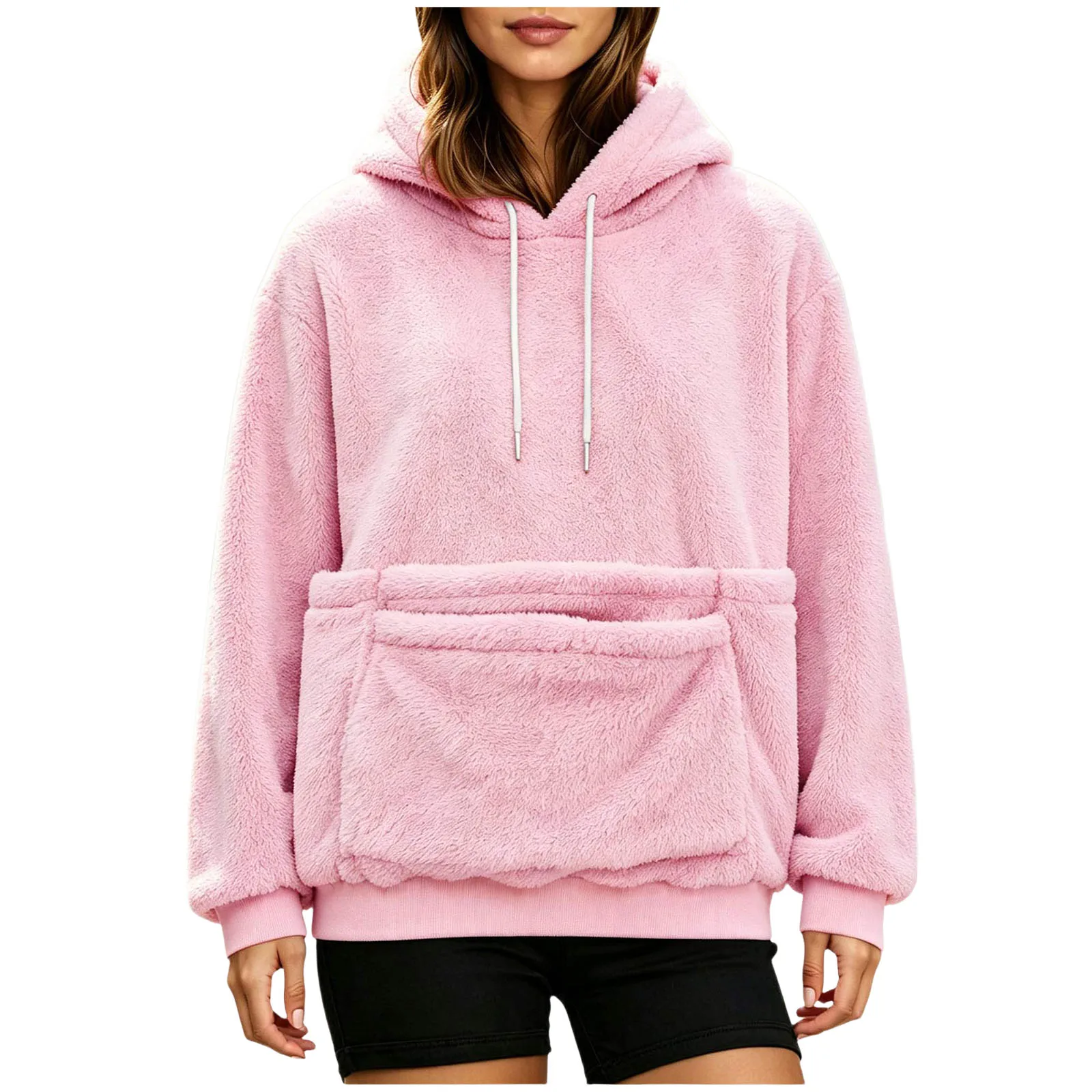 Women Furry Hoodie With Dog Kangaroo Pocket Fleece Solid Color Pocket Hooded Tops Funny Pullover Womens Athletic Sweatshirts